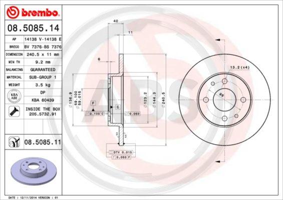 A.B.S. 08.5085.11 - Гальмівний диск autocars.com.ua