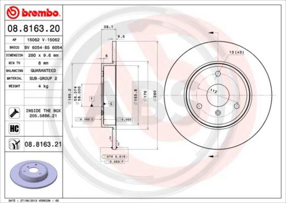 A.B.S. 08.8163.21 - Гальмівний диск autocars.com.ua