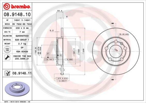 A.B.S. 08.9148.11 - Гальмівний диск autocars.com.ua