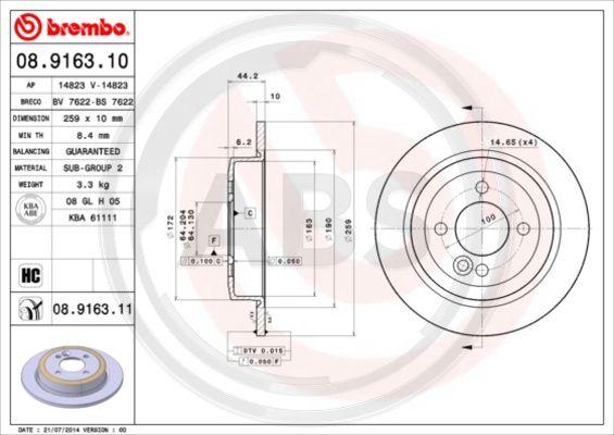 A.B.S. 08.9163.11 - Гальмівний диск autocars.com.ua