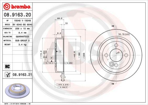 A.B.S. 08.9163.21 - Гальмівний диск autocars.com.ua