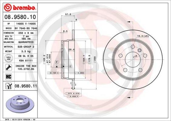 A.B.S. 08.9580.11 - Гальмівний диск autocars.com.ua