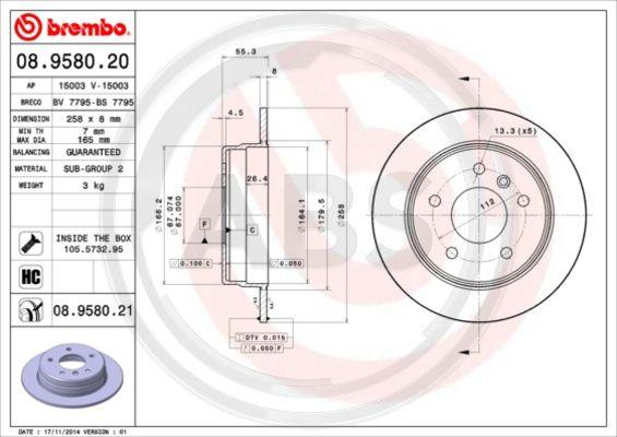 A.B.S. 08.9580.20 - Тормозной диск autodnr.net