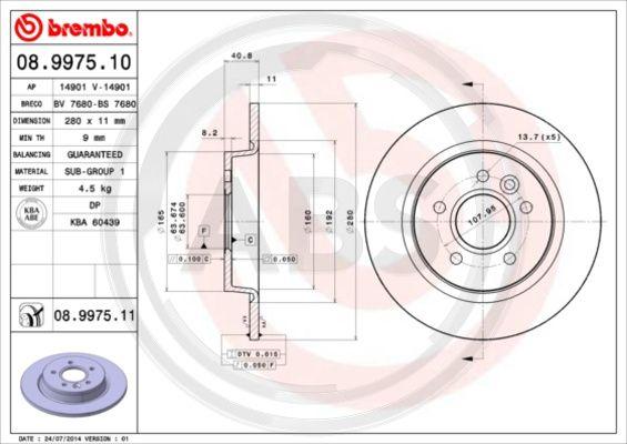 A.B.S. 08.9975.11 - Гальмівний диск autocars.com.ua