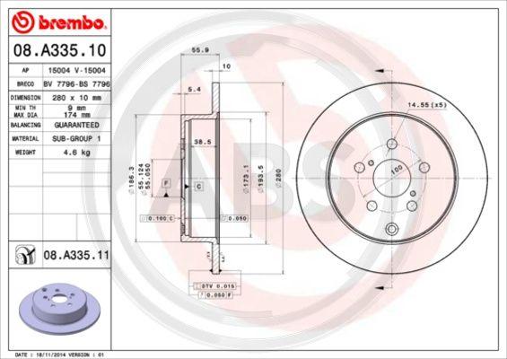 A.B.S. 08.A335.10 - Тормозной диск avtokuzovplus.com.ua