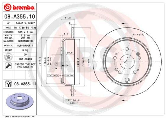 A.B.S. 08.A355.11 - Гальмівний диск autocars.com.ua