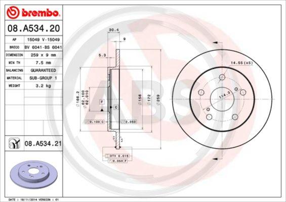 A.B.S. 08.A534.20 - Тормозной диск avtokuzovplus.com.ua