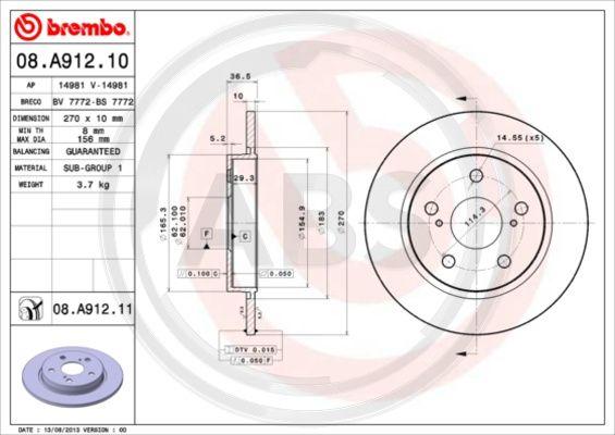 A.B.S. 08.A912.11 - Гальмівний диск autocars.com.ua