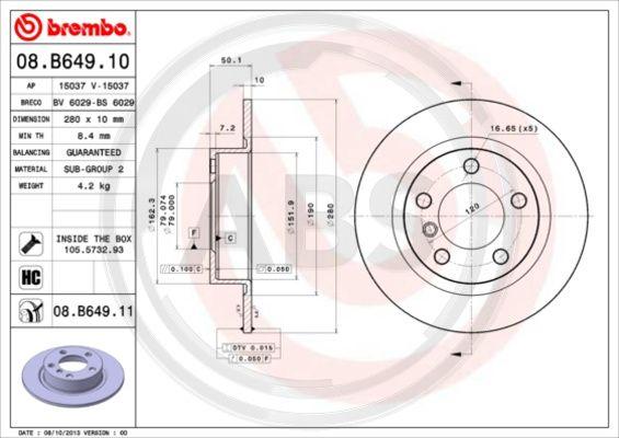 A.B.S. 08.B649.11 - Гальмівний диск autocars.com.ua