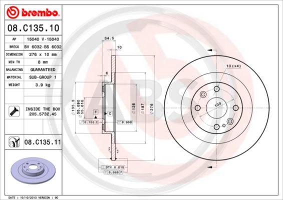 A.B.S. 08.C135.11 - Гальмівний диск autocars.com.ua