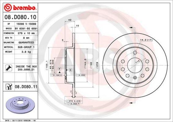 A.B.S. 08.D080.11 - Гальмівний диск autocars.com.ua