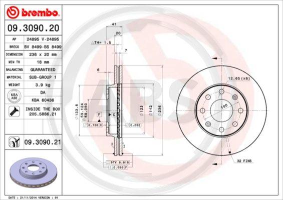 A.B.S. 09.3090.20 - Гальмівний диск autocars.com.ua