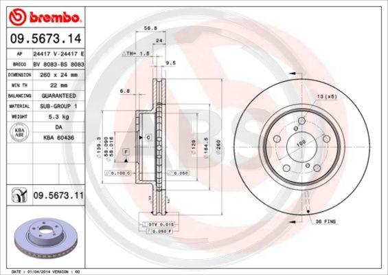 A.B.S. 09.5673.11 - Гальмівний диск autocars.com.ua