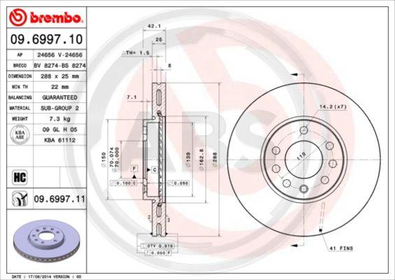 A.B.S. 09.6997.11 - Гальмівний диск autocars.com.ua