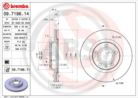 A.B.S. 09.7196.11 - Гальмівний диск autocars.com.ua