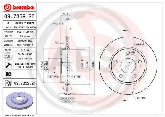 A.B.S. 09.7359.21 - Гальмівний диск autocars.com.ua