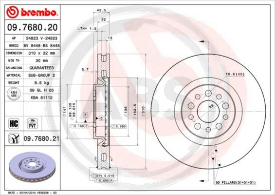 A.B.S. 09.7680.20 - Гальмівний диск autocars.com.ua