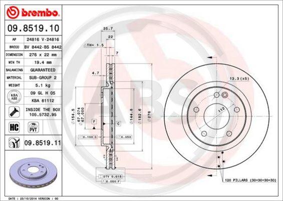 A.B.S. 09.8519.11 - Гальмівний диск autocars.com.ua