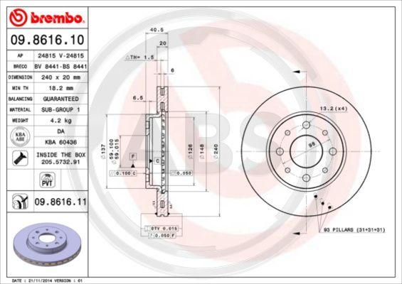 A.B.S. 09.8616.11 - Гальмівний диск autocars.com.ua