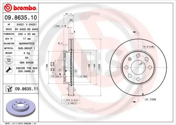 A.B.S. 09.8635.10 - Гальмівний диск autocars.com.ua