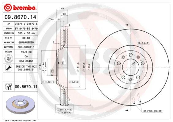 A.B.S. 09.8670.11 - Гальмівний диск autocars.com.ua