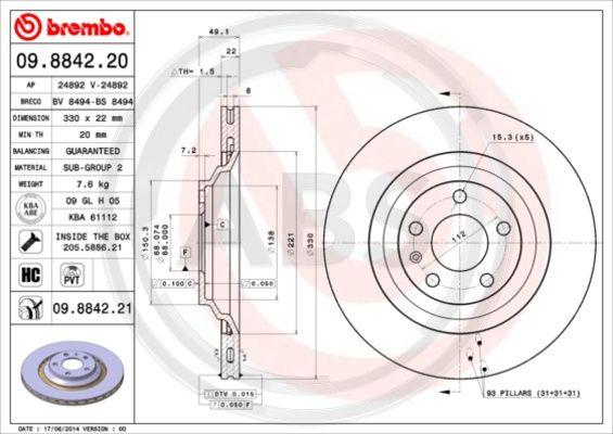 A.B.S. 09.8842.21 - Гальмівний диск autocars.com.ua