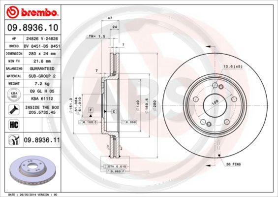 A.B.S. 09.8936.11 - Гальмівний диск autocars.com.ua