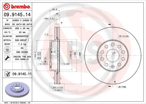 A.B.S. 09.9145.11 - Гальмівний диск autocars.com.ua