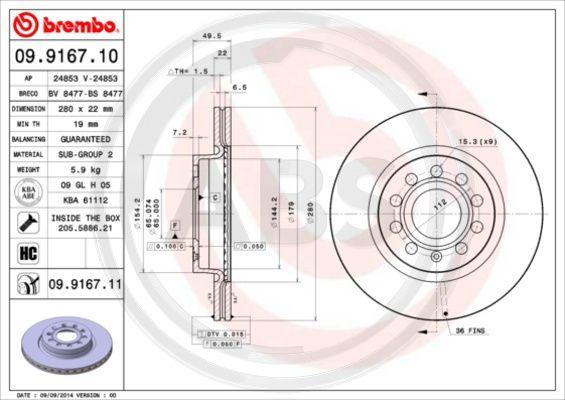 A.B.S. 09.9167.11 - Гальмівний диск autocars.com.ua