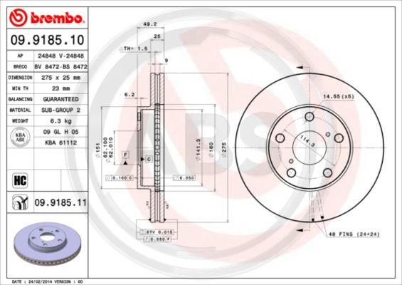 A.B.S. 09.9185.11 - Тормозной диск avtokuzovplus.com.ua