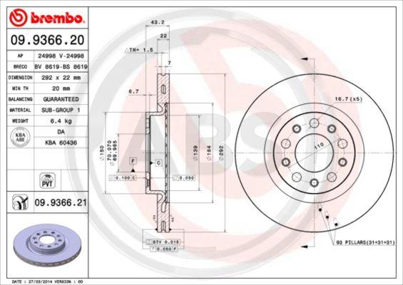 A.B.S. 09.9366.21 - Гальмівний диск autocars.com.ua