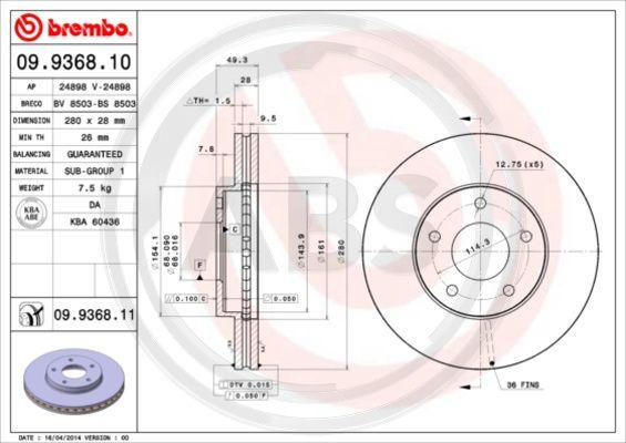 A.B.S. 09.9368.11 - Гальмівний диск autocars.com.ua