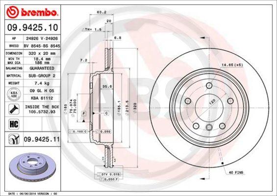 A.B.S. 09.9425.11 - Гальмівний диск autocars.com.ua