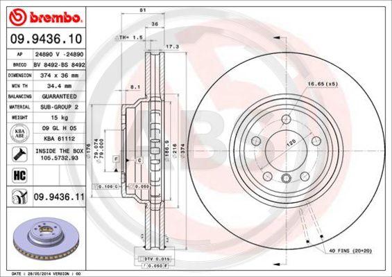 A.B.S. 09.9436.11 - Гальмівний диск autocars.com.ua