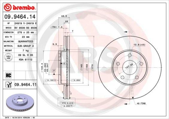 A.B.S. 09.9464.11 - Гальмівний диск autocars.com.ua