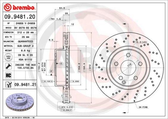 A.B.S. 09.9481.21 - Гальмівний диск autocars.com.ua