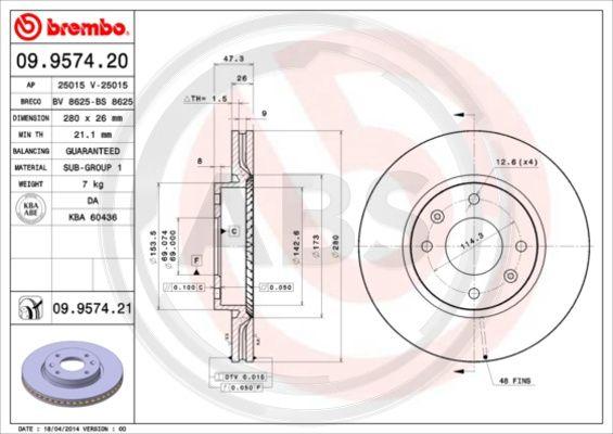 A.B.S. 09.9574.21 - Гальмівний диск autocars.com.ua