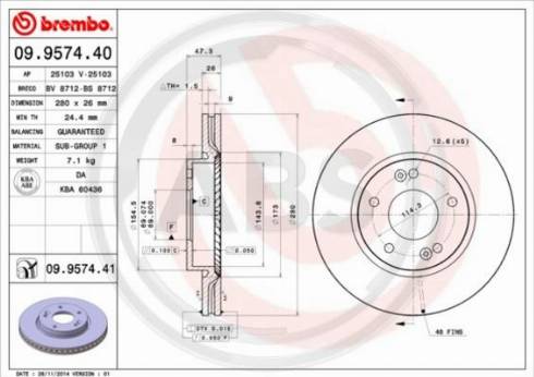 A.B.S. 09.9574.40 - Гальмівний диск autocars.com.ua