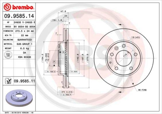 A.B.S. 09.9585.11 - Гальмівний диск autocars.com.ua