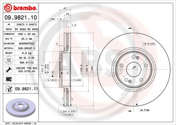 A.B.S. 09.9821.11 - Тормозной диск avtokuzovplus.com.ua