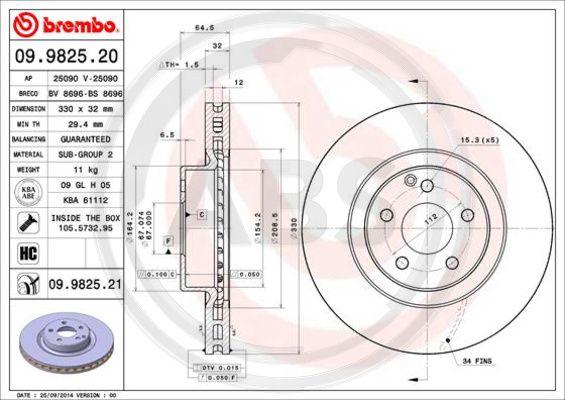 A.B.S. 09.9825.21 - Гальмівний диск autocars.com.ua