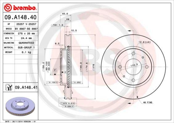 A.B.S. 09.A148.40 - Гальмівний диск autocars.com.ua