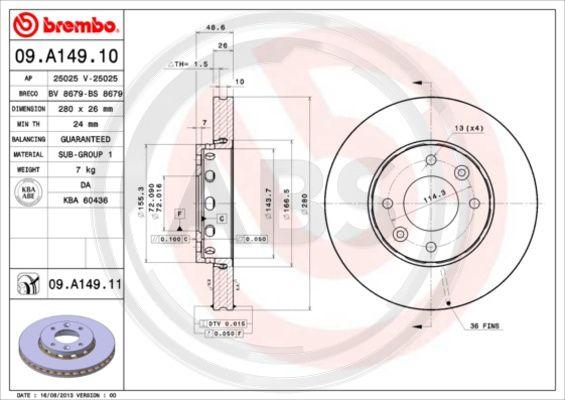 A.B.S. 09.A149.10 - Гальмівний диск autocars.com.ua