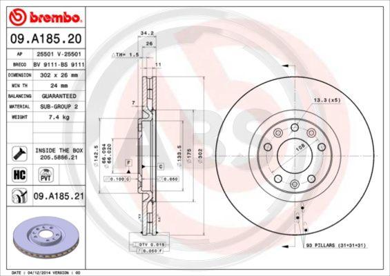 A.B.S. 09.A185.20 - Тормозной диск avtokuzovplus.com.ua