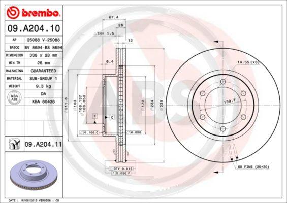 A.B.S. 09.A204.11 - Гальмівний диск autocars.com.ua