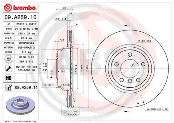 A.B.S. 09.A259.11 - Гальмівний диск autocars.com.ua