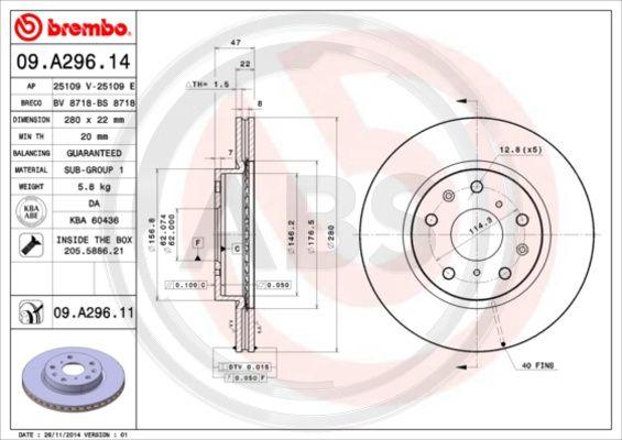 A.B.S. 09.A296.14 - Гальмівний диск autocars.com.ua