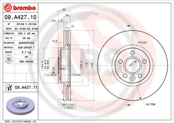 A.B.S. 09.A427.11 - Гальмівний диск autocars.com.ua