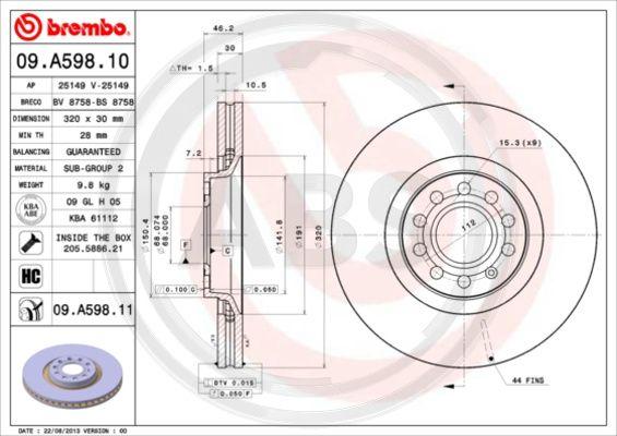 A.B.S. 09.A598.11 - Гальмівний диск autocars.com.ua