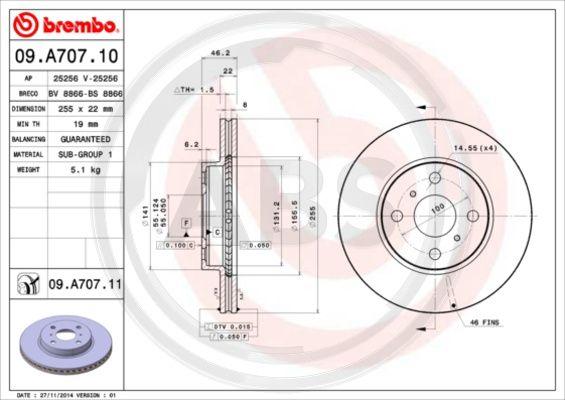 A.B.S. 09.A707.10 - Гальмівний диск autocars.com.ua